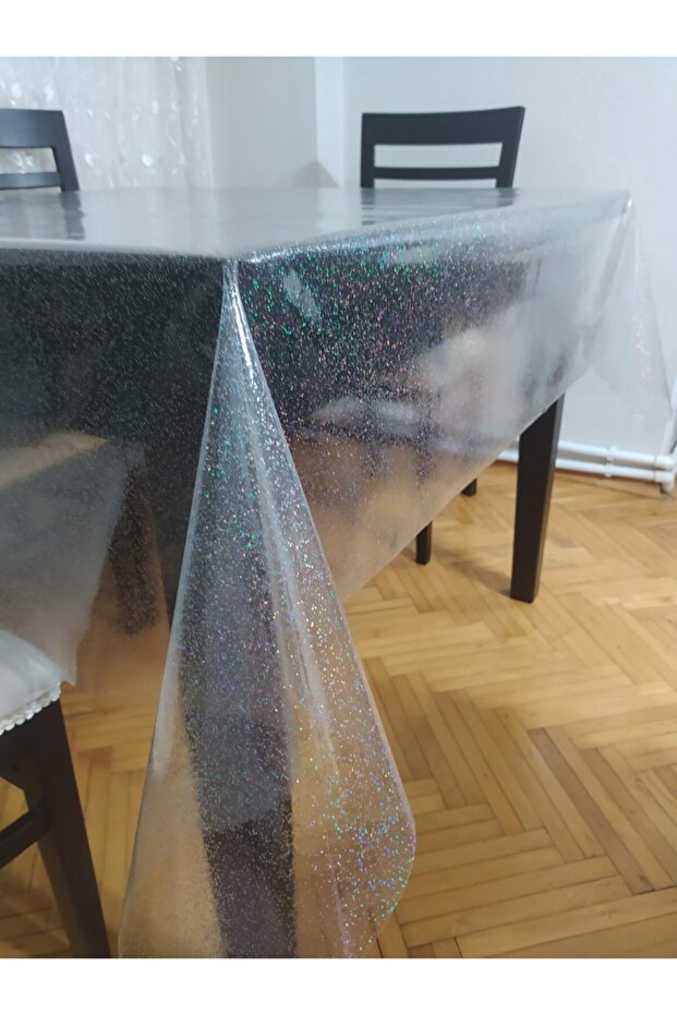 Tablecloth, Transparent Glittery PVC, 0.22mm Thickness, Silver Color, 140x180 cm