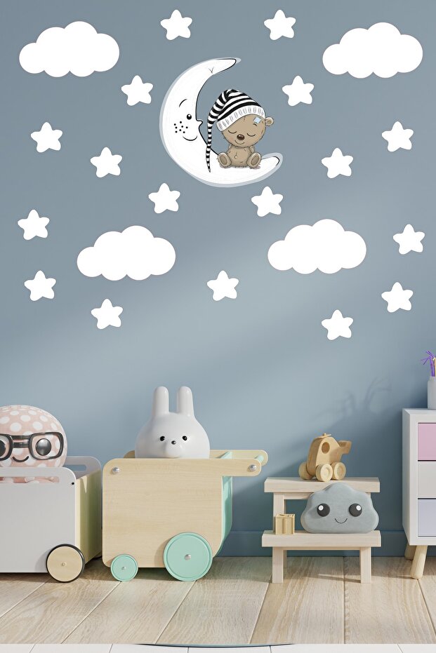 Sleeping Teddy Bear White Stars And Clouds Decorative Baby Kids Room Wall Sticker
