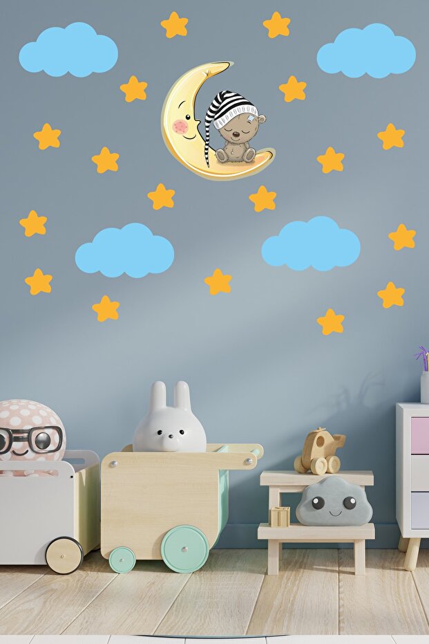 Sleeping Teddy Bear, Yellow Stars and Blue Clouds Decorative Baby Kids Room Wall Sticker