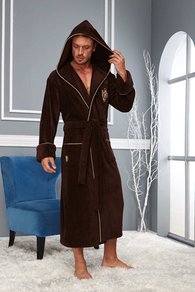 Men's Brown Lion Embroidered Hooded Bathrobe