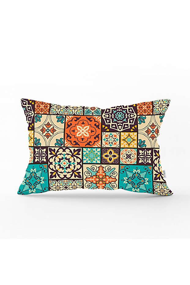 غطاء وسادة مستطيل بتصميم ثلاثي كبير بنمط مربع كريمي عرقي - 1