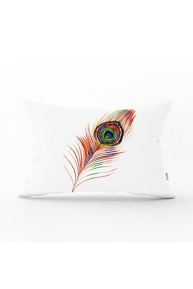 Red Colored Single Peacock Patterned Rectangular Throw Pillow Cover - 1