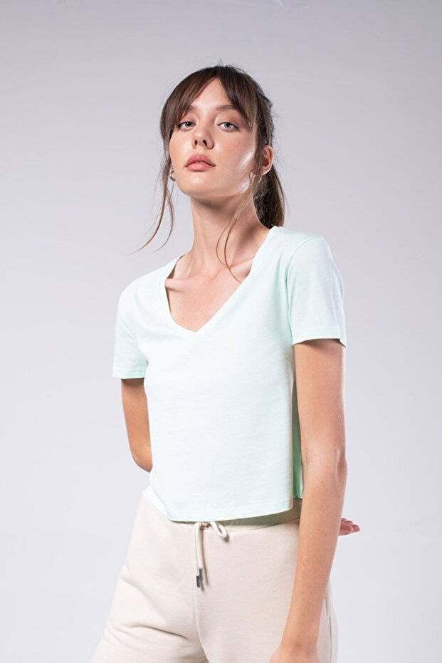 Kadın Mint Yeşili Crop Tişört - 1