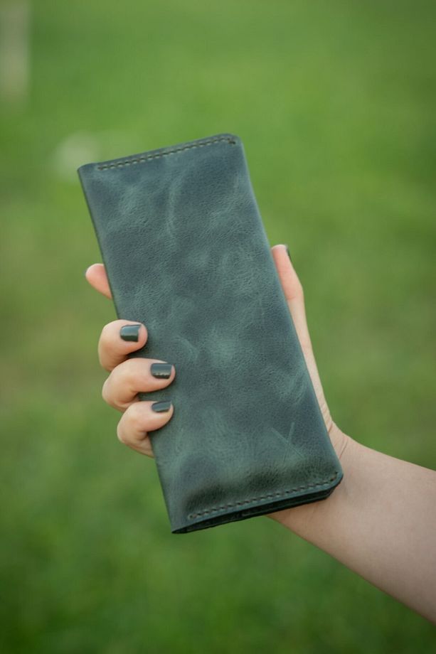 Minimal X Long Uzun Cüzdan - Yeşil - Telefon Para Cüzdanı - Gerçek Deri El Yapımı - Tasarım - 4