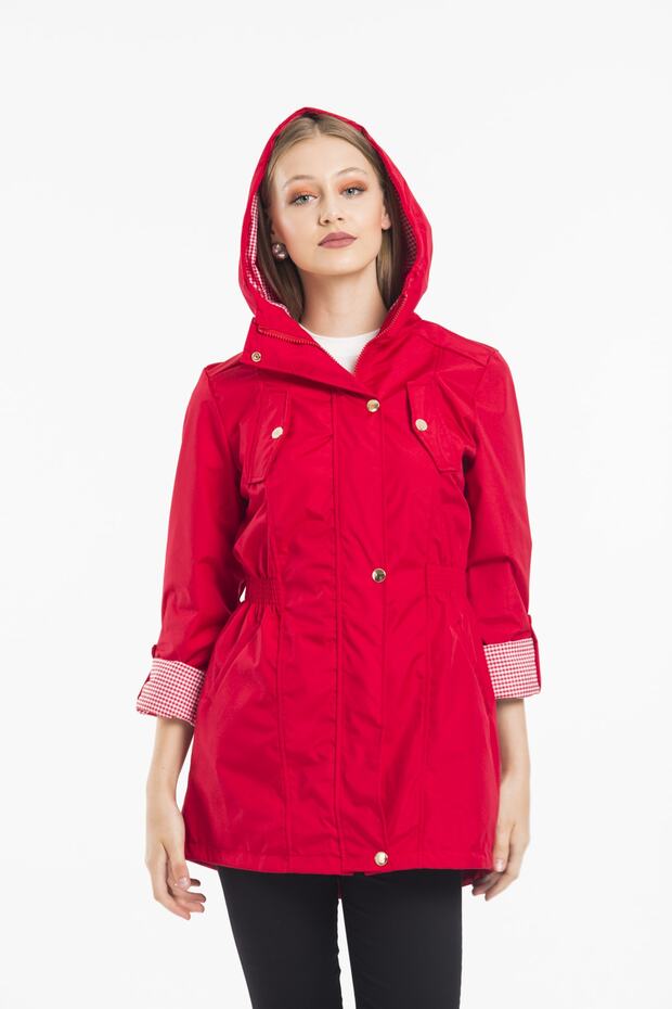 Women's Hooded Elastic Waist Foldable Sleeve Lined Trench Coat