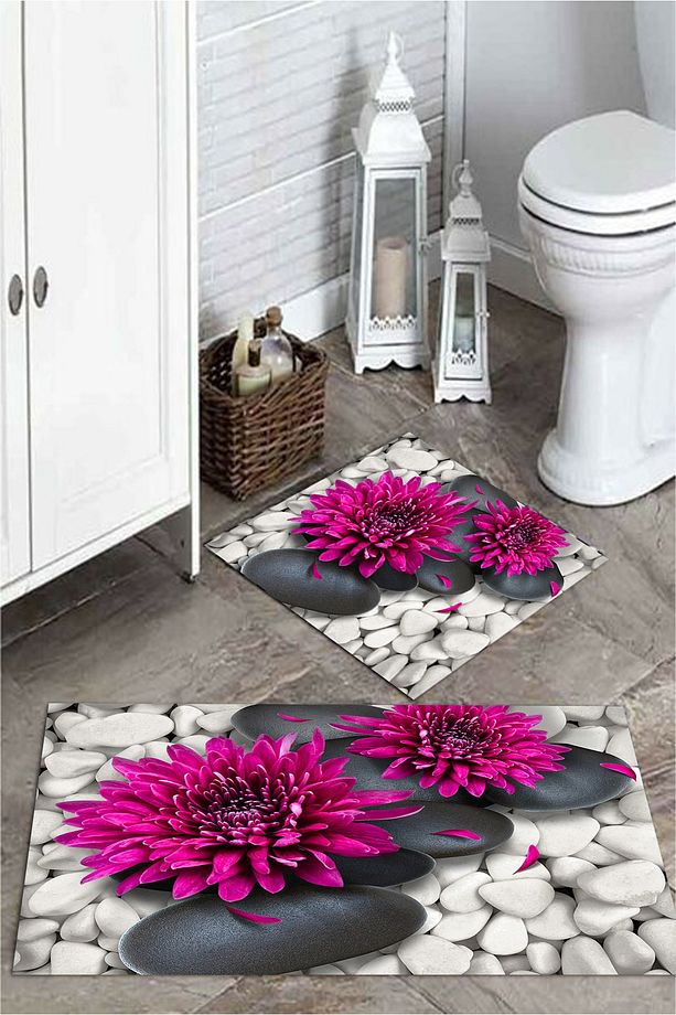 3 Boyutlu Çiçek ve Taşlı 2'li Mktpp 2016  Banyo Paspas Takımı - 1