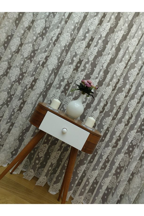 Ekru Damaks Örme Tül Perde 150x200 cm  Normal Pile 1/2.5 - 3