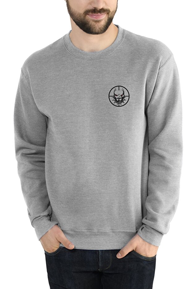 Men's Gray Pitbull Chest Printed Knitted Long Sleeve Sweatshirt