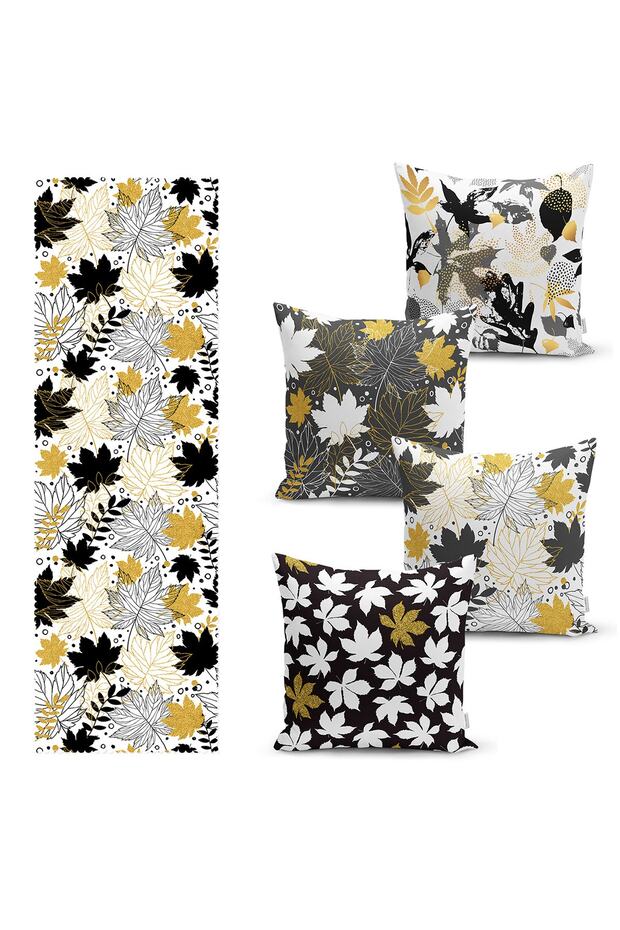 Black White & Gold Leaf Tropical Leaf Motif Set of 4 Throw Pillow Covers and 1 Runner