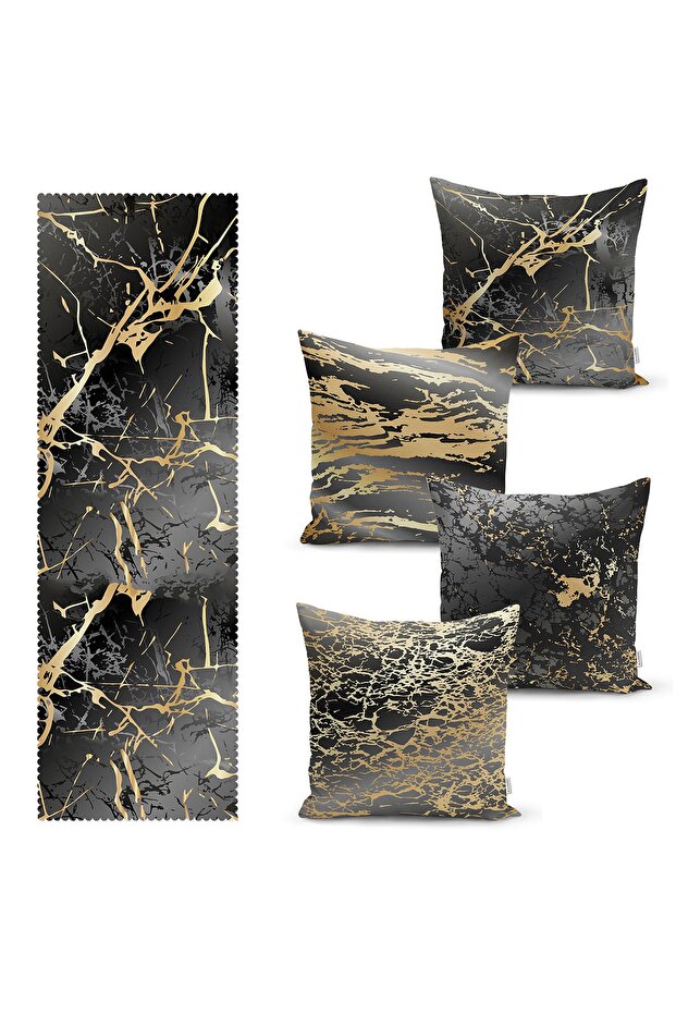 Black Gold Leaf Marble Motif Set of 4 Cushion Covers and 1 Runner