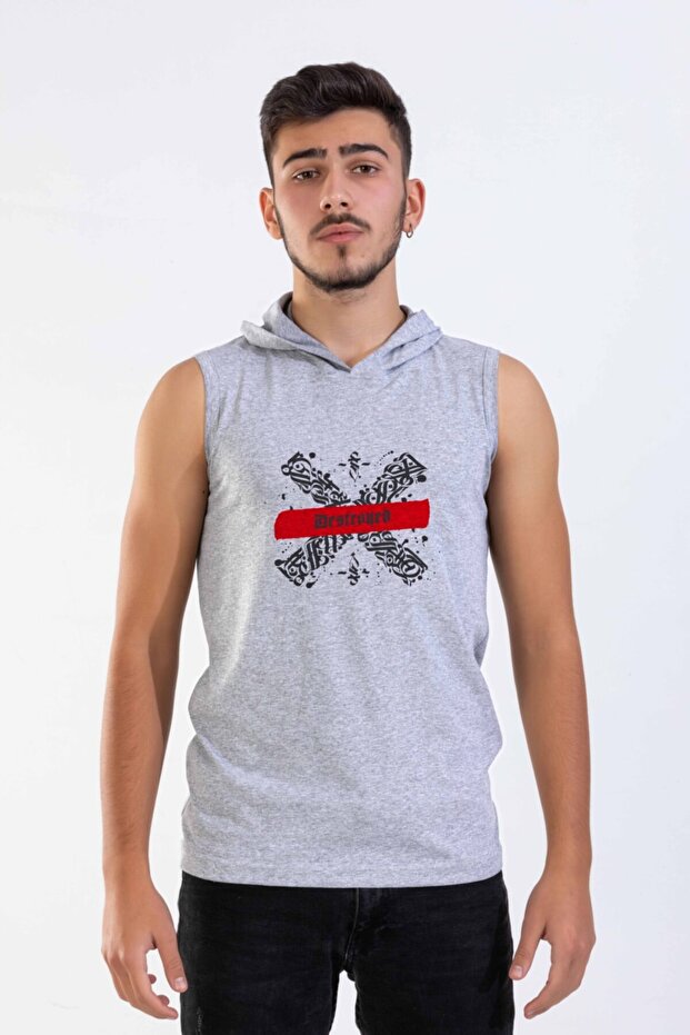 Unisex Gray Melange Hooded Sleeveless T-shirt