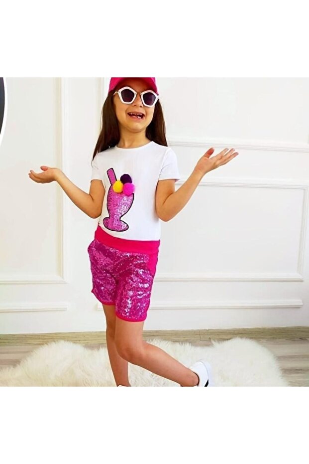 Girl's Dark Pink Hat and Sequin Shorts Triple Set