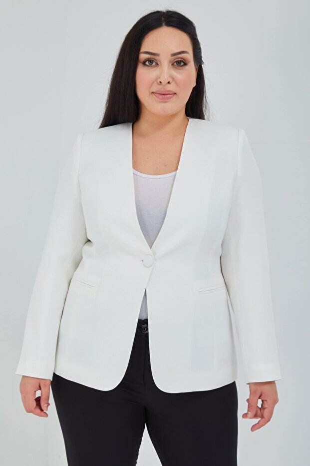 Women's Large Size V-Neck Single Button White Jacket