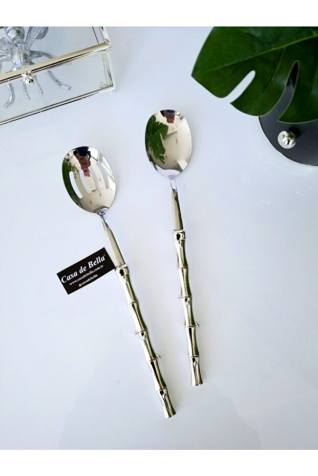 2 Parça Bambu Görünümlü Gümüş Saplı Pasta Servis Seti - 1