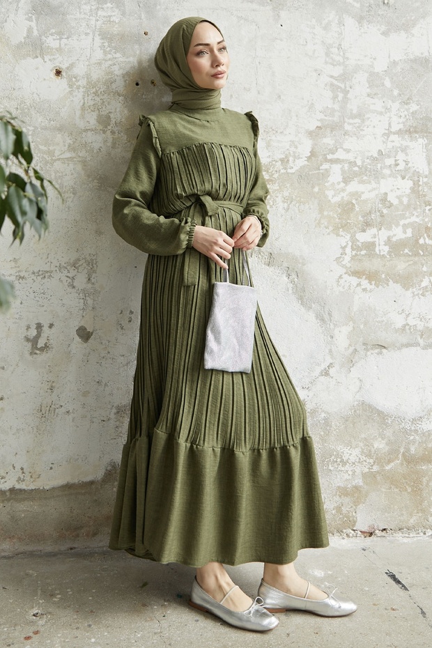 Ruffle Shoulder Pleated Linen Dress - Khaki