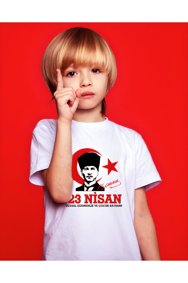 Children's Cotton T-Shirt with Atatürk and His Signature Print April 23