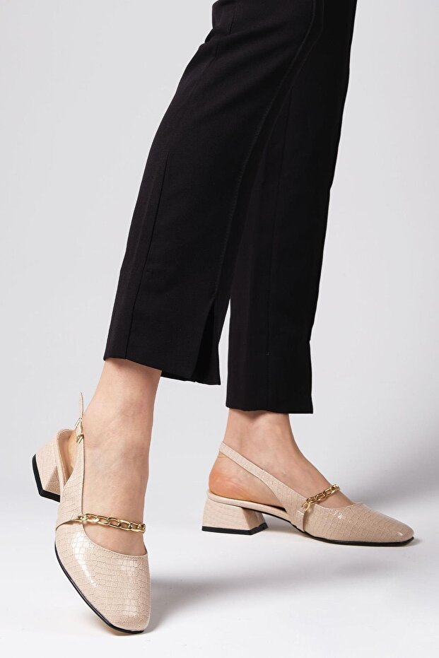Renata Beige Color Open Back Short Heeled Women's Shoes