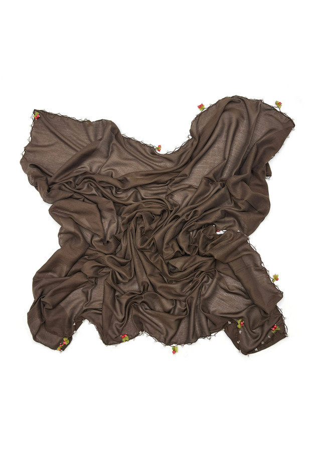 Cotton Handcrafted Cherry Embroidered Brown Beaded Scarf High Quality Writing 100X100Cm