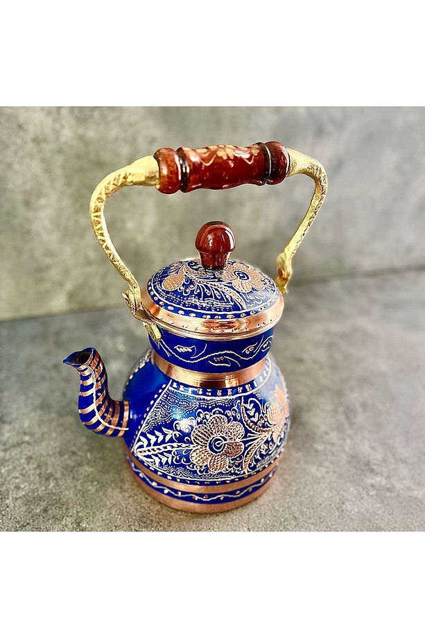 1,3 Litre El Işlemeli Tekli Kalaylı Bakır Demlik,  Nostaljik Çaydanlık, Su Isıtıcısı - 2