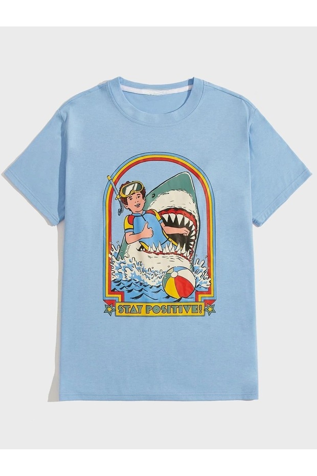 Unisex Baby Blue Stay Positive Shark Printed Oversize T-shirt