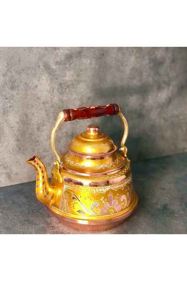 3,2 Litre Tekli Kalaylı Dövme Bakır Demlik, El İşlemeli Nostaljik Çaydanlık, Su Isıtıcısı - 2