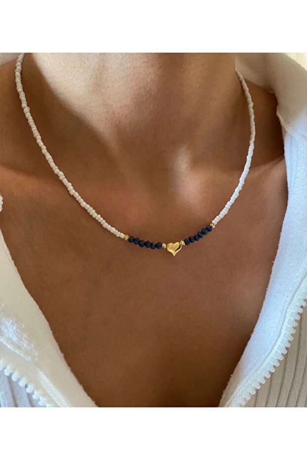 Dark Blue Cam Boncuklu Kolye - 1