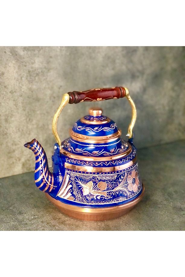 1,6 Litre Tekli Kalaylı Dövme Bakır Demlik, El İşlemeli Nostaljik Çaydanlık, Su Isıtıcısı - 2