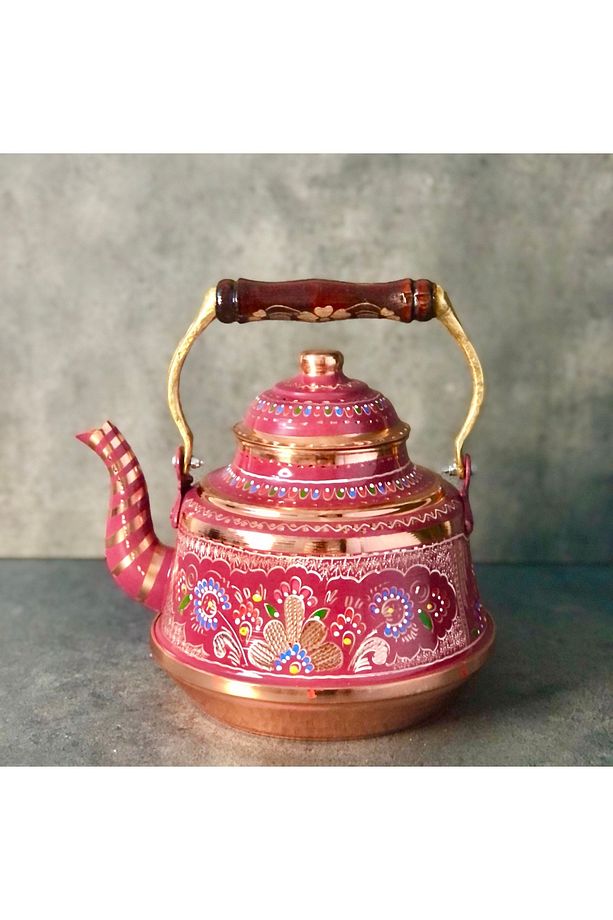 1,6 Litre Tekli Kalaylı Dövme Bakır Demlik, El İşlemeli Nostaljik Çaydanlık, Su Isıtıcısı - 1
