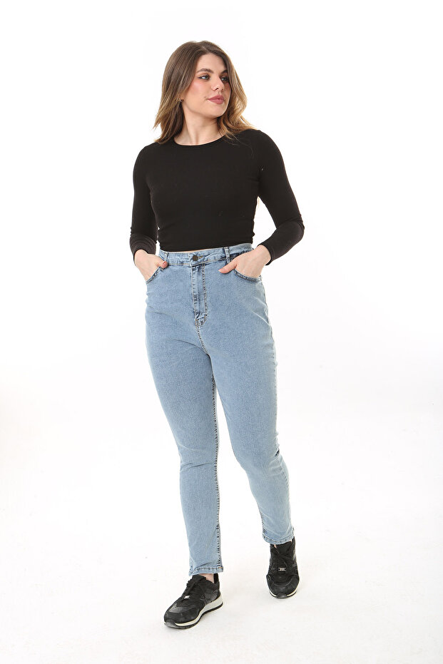 Women's Large Size Blue High Waist Narrow Leg Lycra 5 Pocket Jeans 65N37644