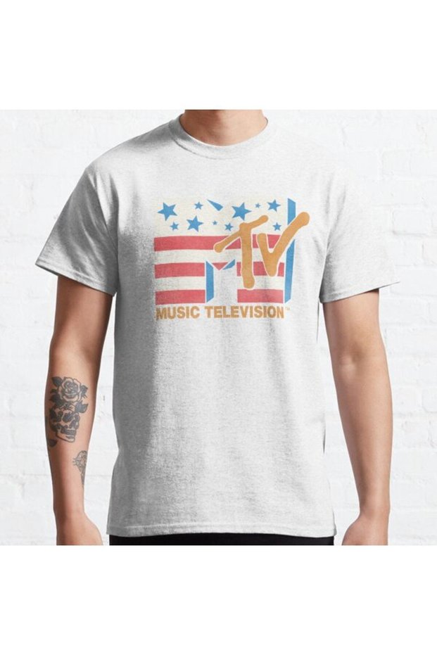 Loose Fit Unisex Mtv Vintage Stars Stripes American Flag Mtv Logo Design Printed T-shirt
