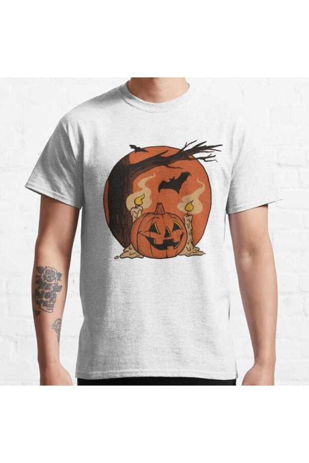 Loose Fit Unisex Vintage Pumpkin Scene Halloween Design Printed T-shirt