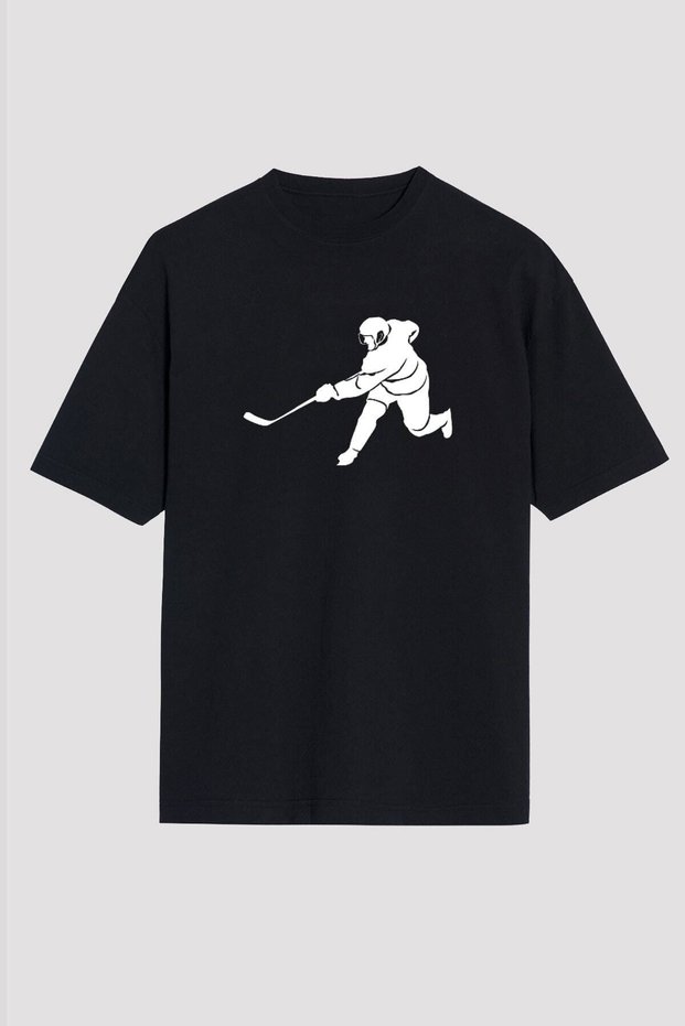 Unisex Loose Fit Ice Hockey - Ice Hockey Printed Black T-Shirt