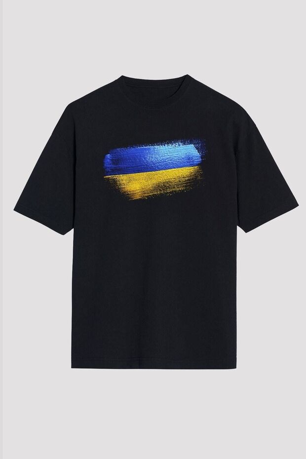 Unisex Loose Fit Ukraine - Ukraine Flag Printed Black T-Shirt