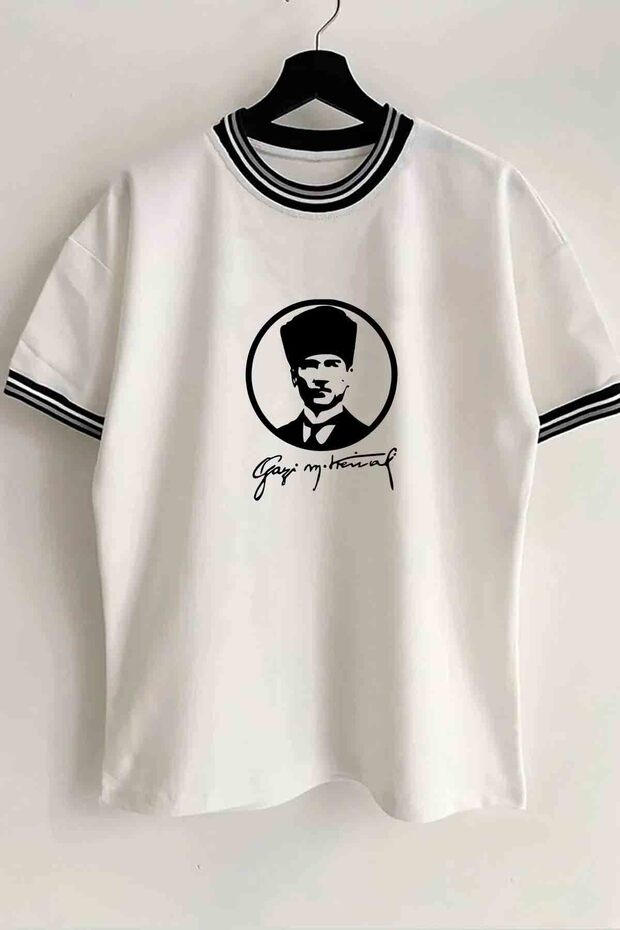 Gazi M. Kemal Atatürk Printed New Season Collar and Sleeve Detailed Ribbed White Oversize Unisex T-shirt