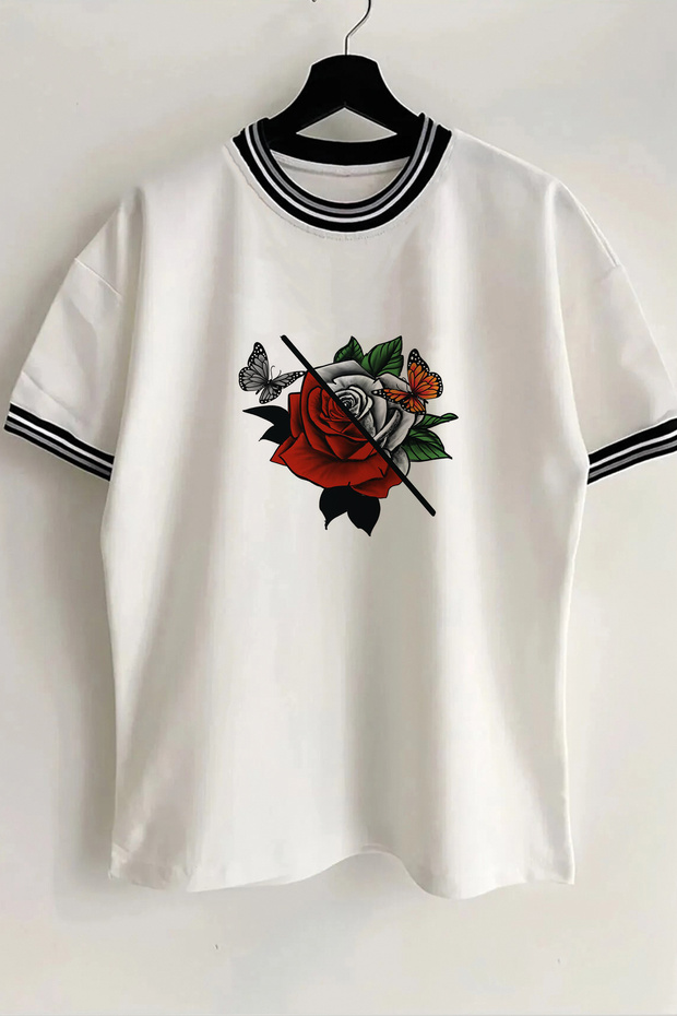 Flower Butterfly Printed New Season Collar and Sleeve Detailed Ribbed White Oversize Unisex T-shirt