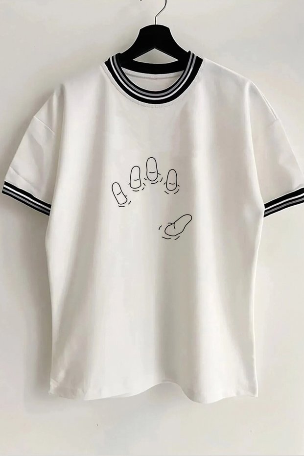 EL Printed New Season Collar and Sleeve Detailed Ribbed White Oversize Unisex T-shirt