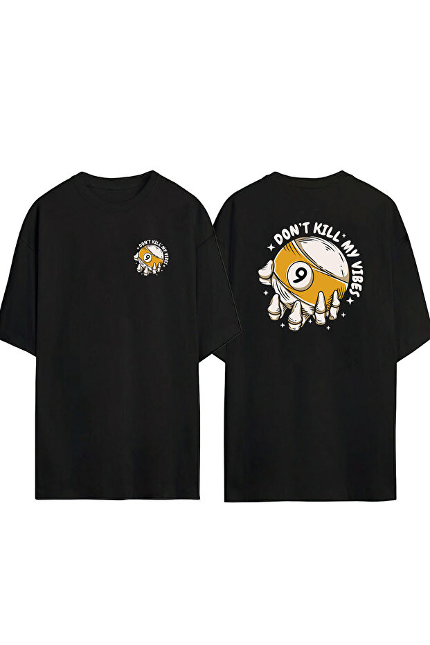 Unisex Don't Kill My Vıbe Skull Billiard Ball Front Back Printed Black Oversize T-shirt