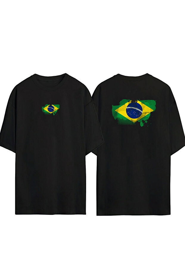Unisex Brazilian Flag Front Back Printed Black Oversize T-shirt