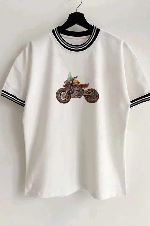 Motorcycle Printed New Season Collar and Sleeve Detailed Ribbed White Oversize Unisex T-shirt