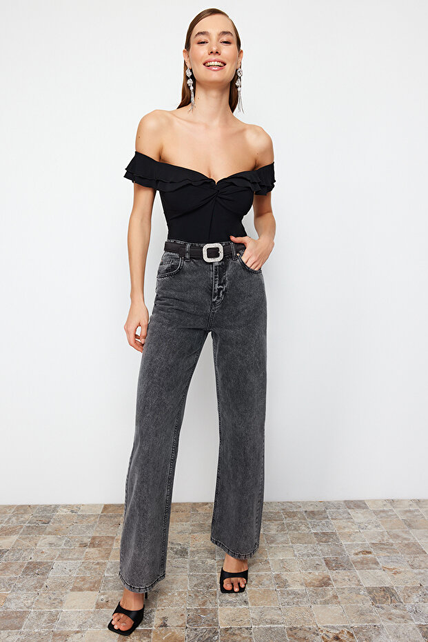 Siyah Volan Detaylı Fırfırlı Çıtçıtlı Örme Body TPRSS24BD00014 - 3