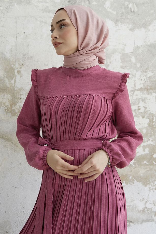 Omuzu Fırfır Piliseli Keten Elbise - Fuşya - 3