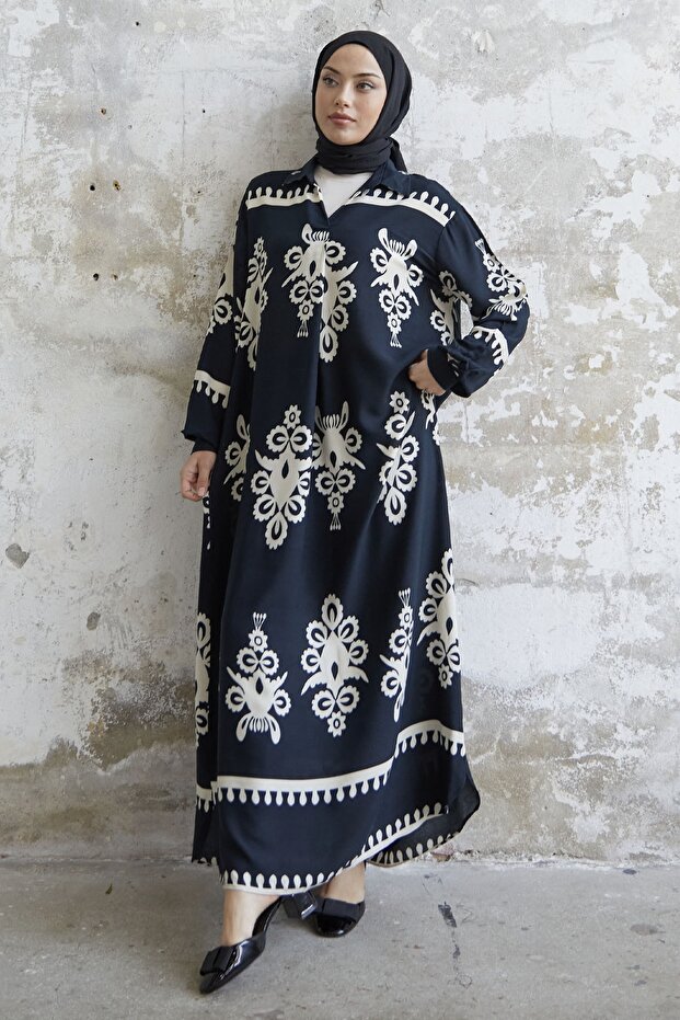 Patterned Viscose Dress - Black