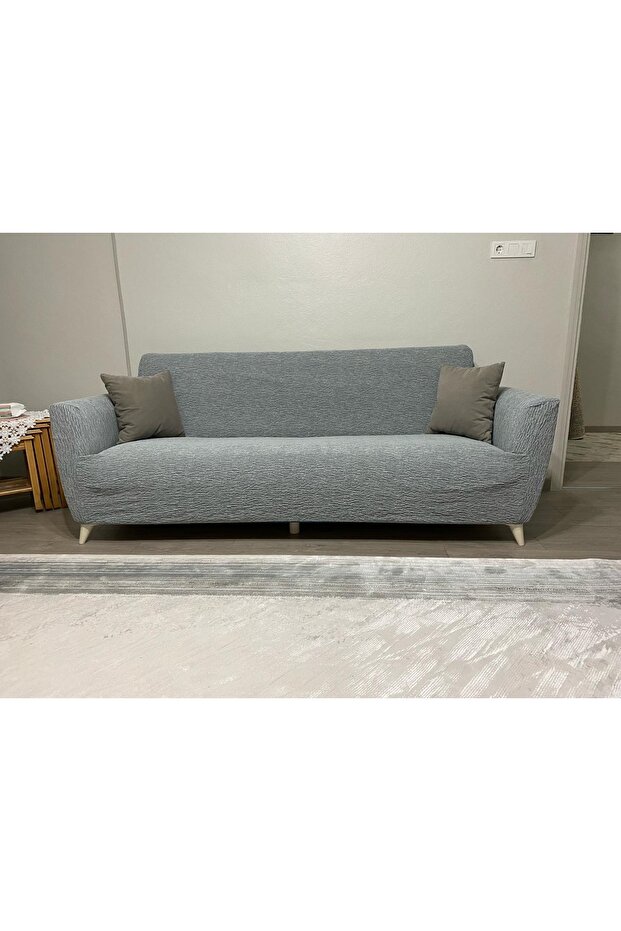jakarlı düz desen 3 kişilik koltuk örtüsü.streç lastikli kanepe örtüsü.koltuk kılıfı 1 adet.GRİ - 2