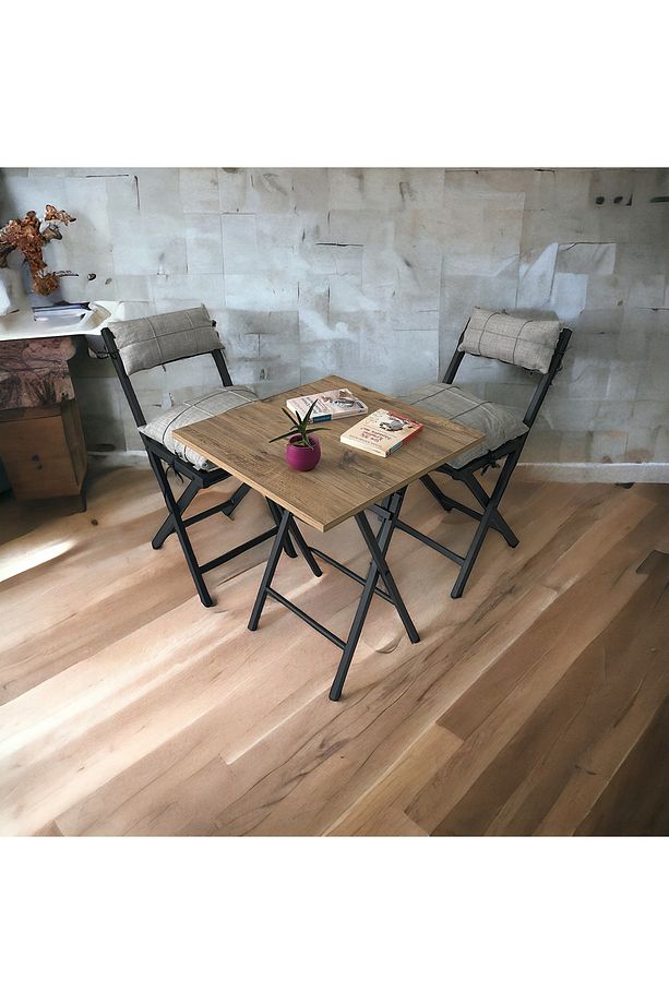 Balkon Bahçe Mutfak 3'lü Bistro Set Katlanır 2 Sandalye 1 Masa Açık Gri - 3