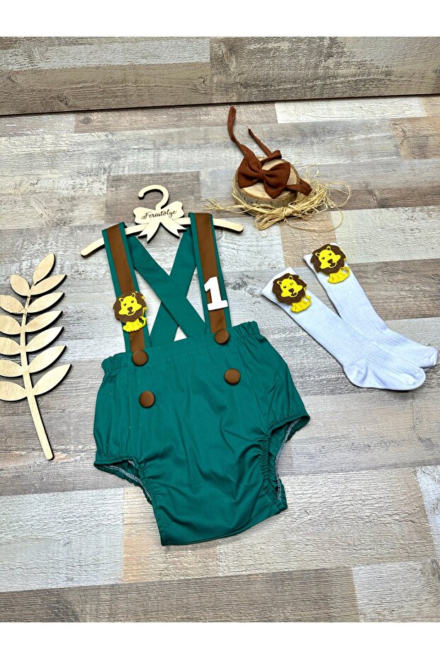 Green Brown Detailed Romper Lion Concept Baby Boy Birthday Outfit