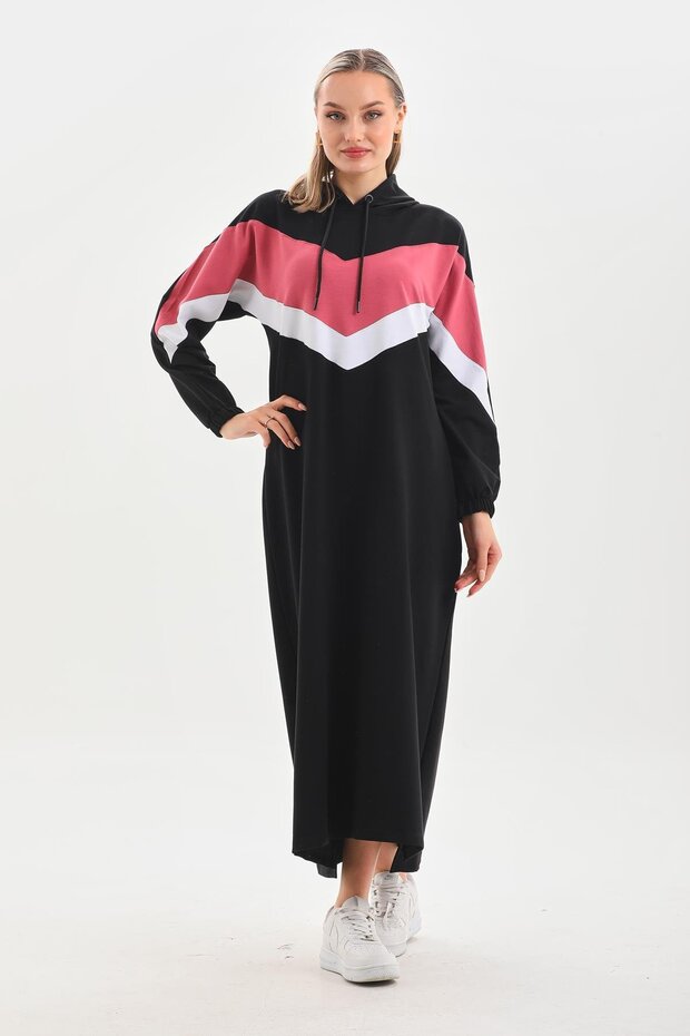 Powder V Pattern Color Blocked Hijab Daily Long Sports Dress