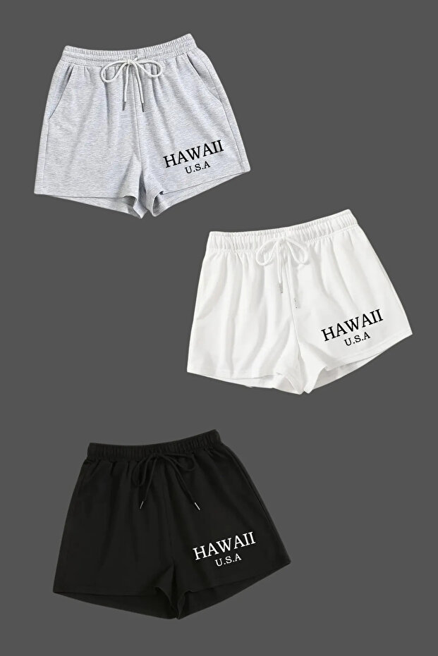 Women's Black Gray White Hawaiian Printed Set of 3 Premium Fabric Summer Combed Cotton Shorts
