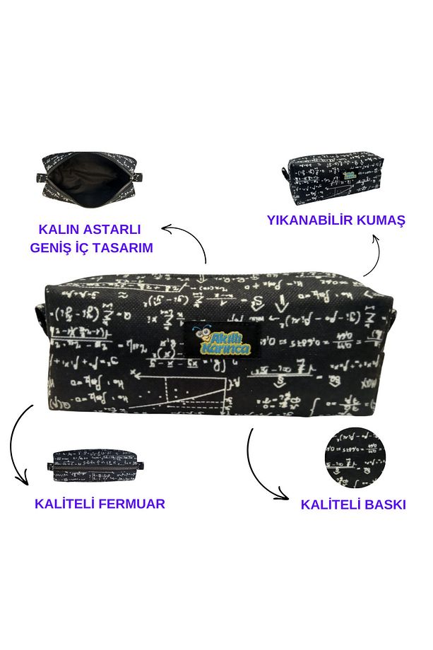 Matematik Formül Desenli Kalem Kutusu Okul Kalemliği Kumaş Kalemlik Tek Gözlü Kalemlik - 4