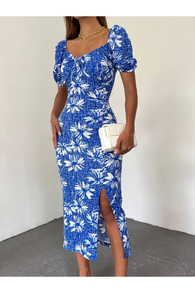 Women's Floral Short Sleeve Madonna Sweetheart Neck Midi Length Back Elastic Viscose Dress