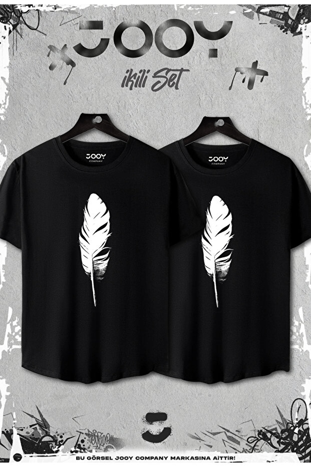 Black Set of 2 Feather Printed Slim Fit Oval Cut T-shirt